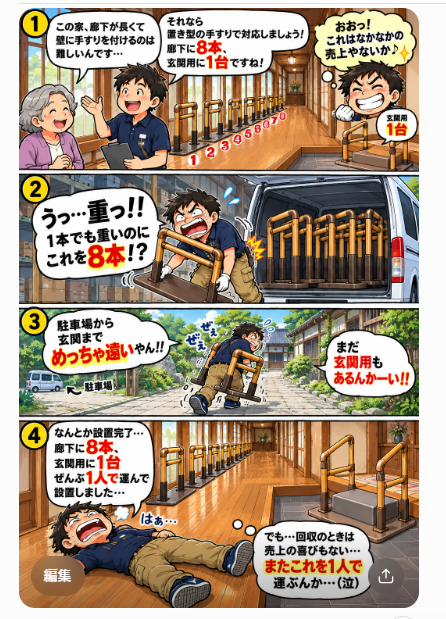 第4話。長い廊下に手すり8本と玄関用1台を運び設置した福祉用具専門相談員の奮闘記